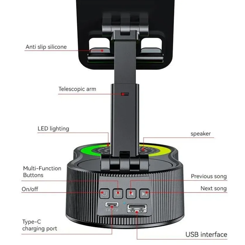 4 In 1 Wireless BT Speaker Phone Stand 9D Sound 360 Rotation Night Light Anti Slip Base For Home Office Travel Portable