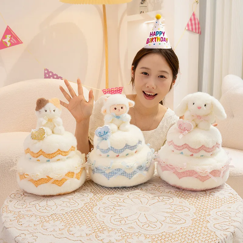 

30cm Cute Love Cake Plush Stuffed Animal Soft Fluffy Pillow Cat Rabbit Sheep Design Decor Ornament Gift for Party Lovers