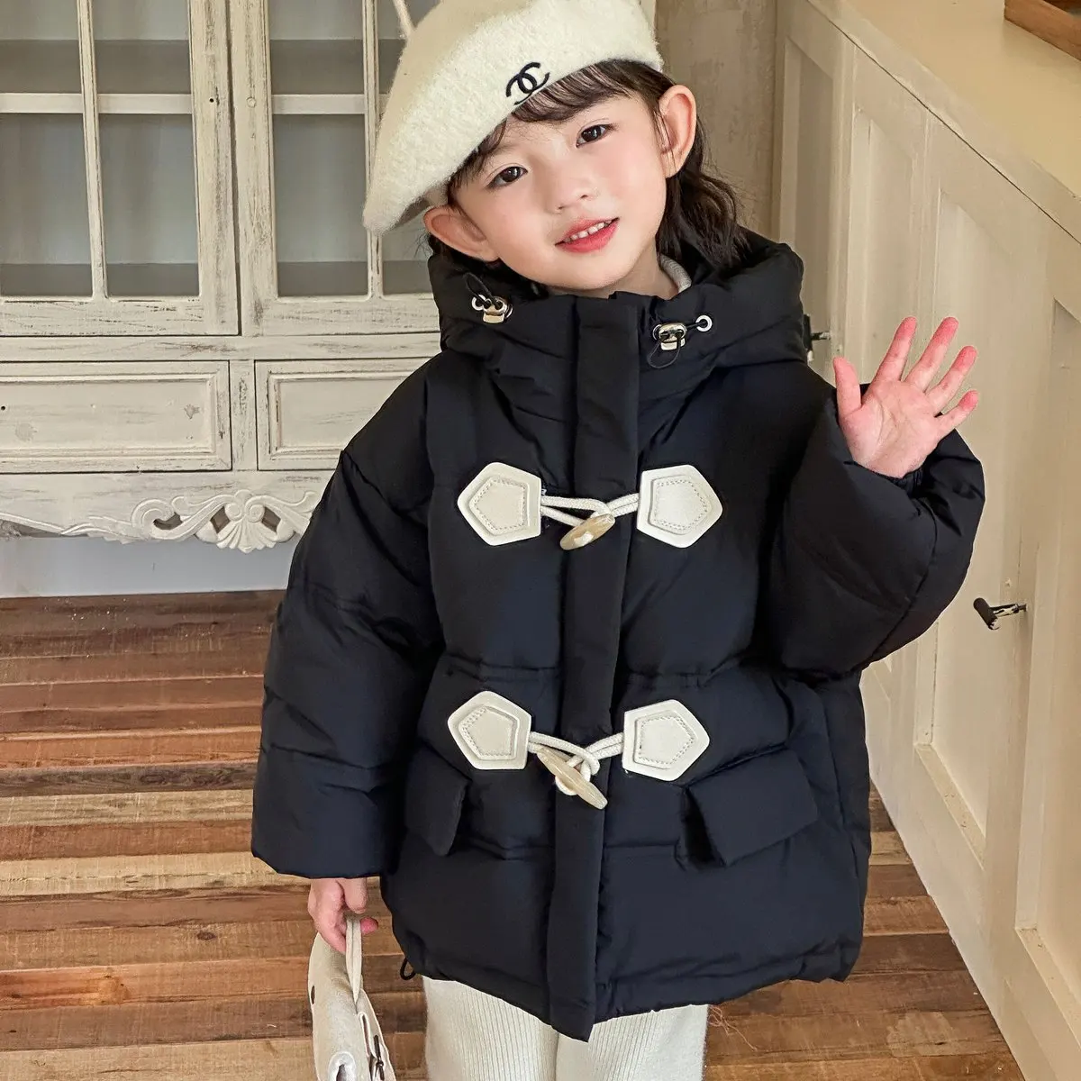 Winter New Boys Girls Down Cotton Coat Horn Button Jacket Thicken Warm Hooded Outerwear Kids Fashion Clothing