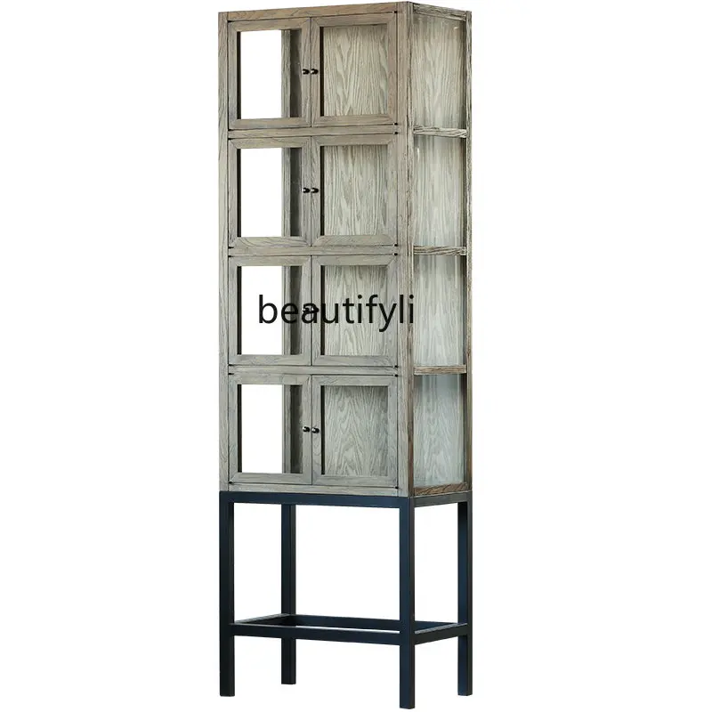 

Glass Door Bookcase Vintage Wine Clothes Closet Solid Wood Wall Floor-Standing Rack