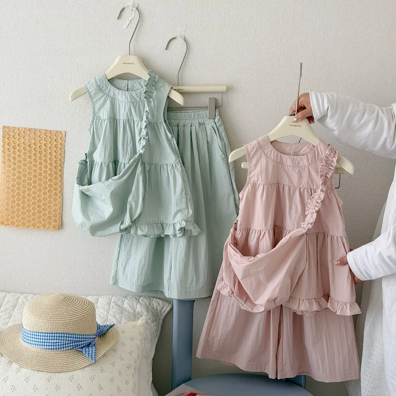 2026 Girls' Summer New Quick Drying Cotton Brocade Wrinkle Set Fashionable, Stylish, Cute, Lightweight Set