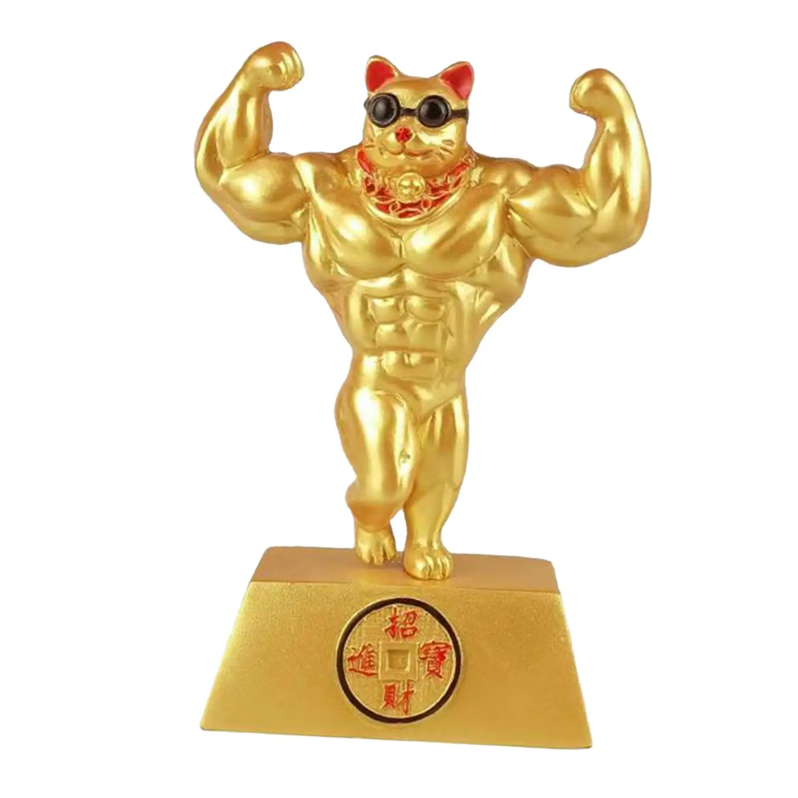 Gold Resin Big Arm Cat Figurine Muscle Lucky Chinese Fortune Sculpture Decor Craft for Office TV Cabinet