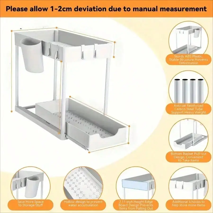 Panier coulissant sous le lavabo à 2 niveaux : organisateur d'armoire de salle de bain – Rangement de bain polyvalent