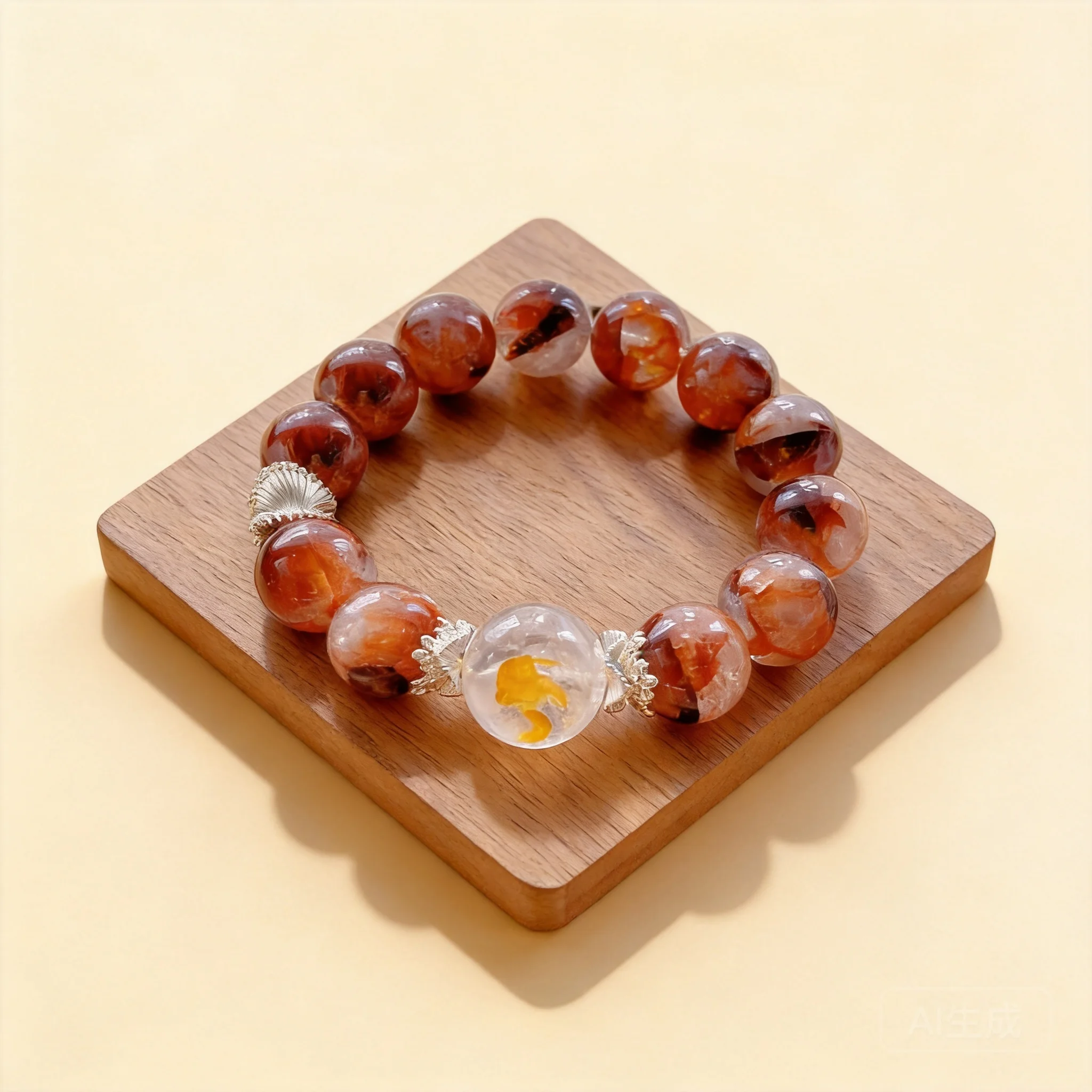 Chinese Style Good Luck Fortune Blessing Natural Red Yellow Hematoid Quartz Bracelet 15mm Large Beads Autumn Winter Healing Posi