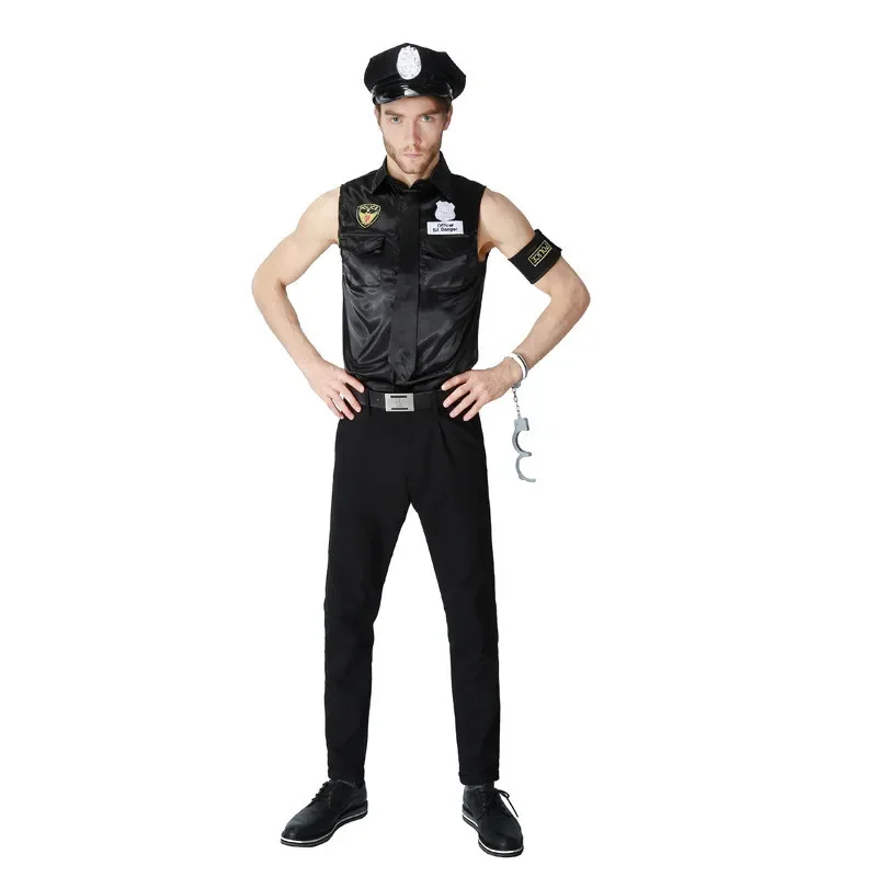 Vocole-Traje preto policial sexy, t-shirt sem mangas para homens, policial loja uniforme