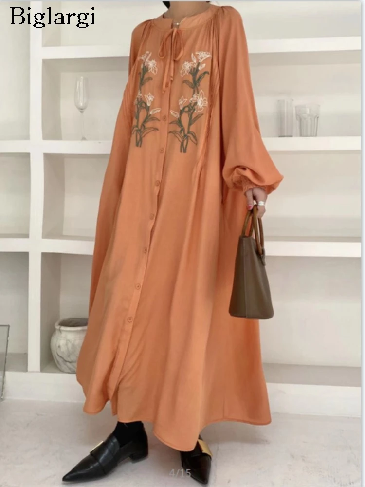 Sukienka damska vintage z haftem kwiatowym, długa, na wiosnę i lato, codzienna, luźna, z rękawami typu latarnia, w stylu boho, model 2026