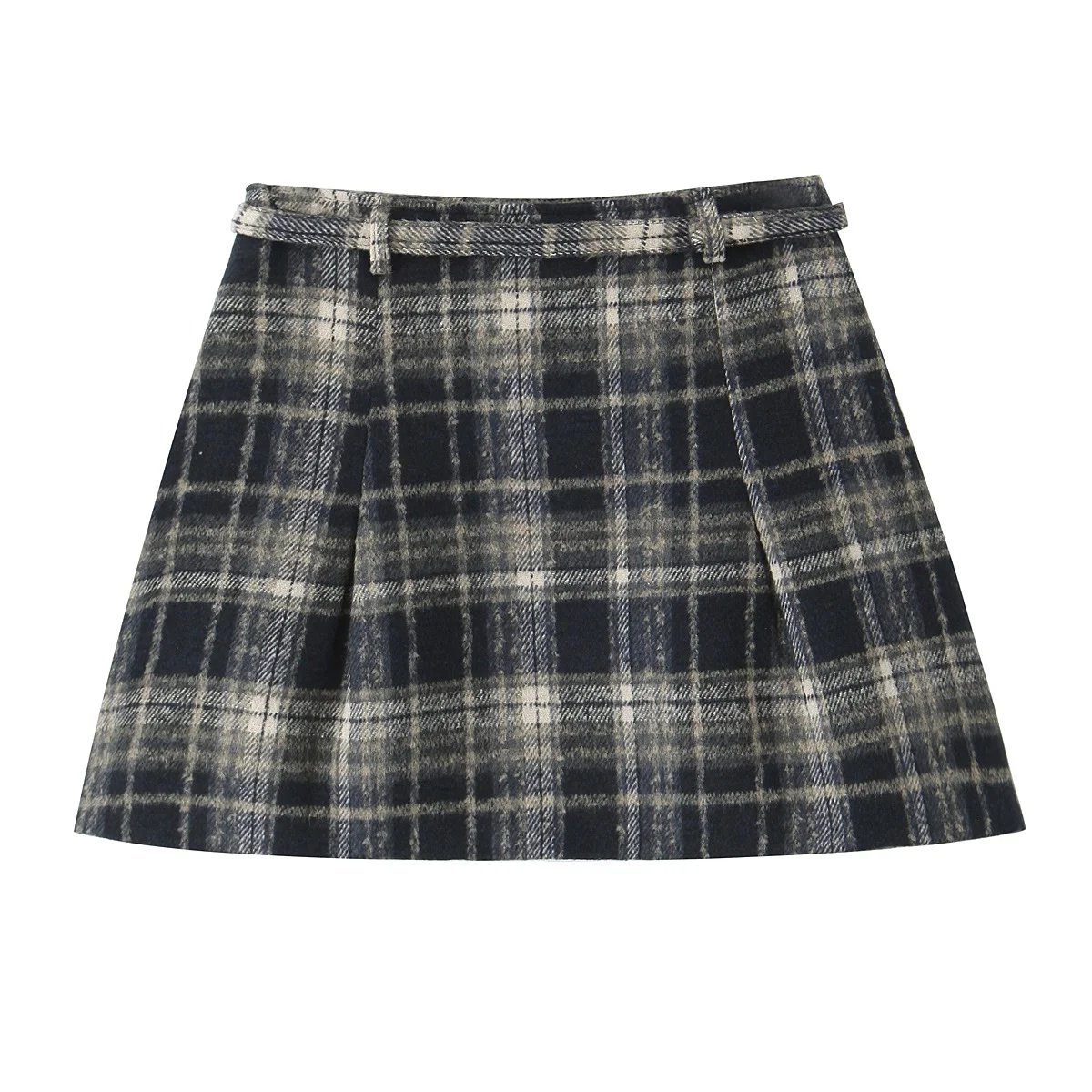 2025 Spring French Style Retro Gingham Plaid Mini Skirt Women Buckle Belt Ruched A-lined Short Skirts