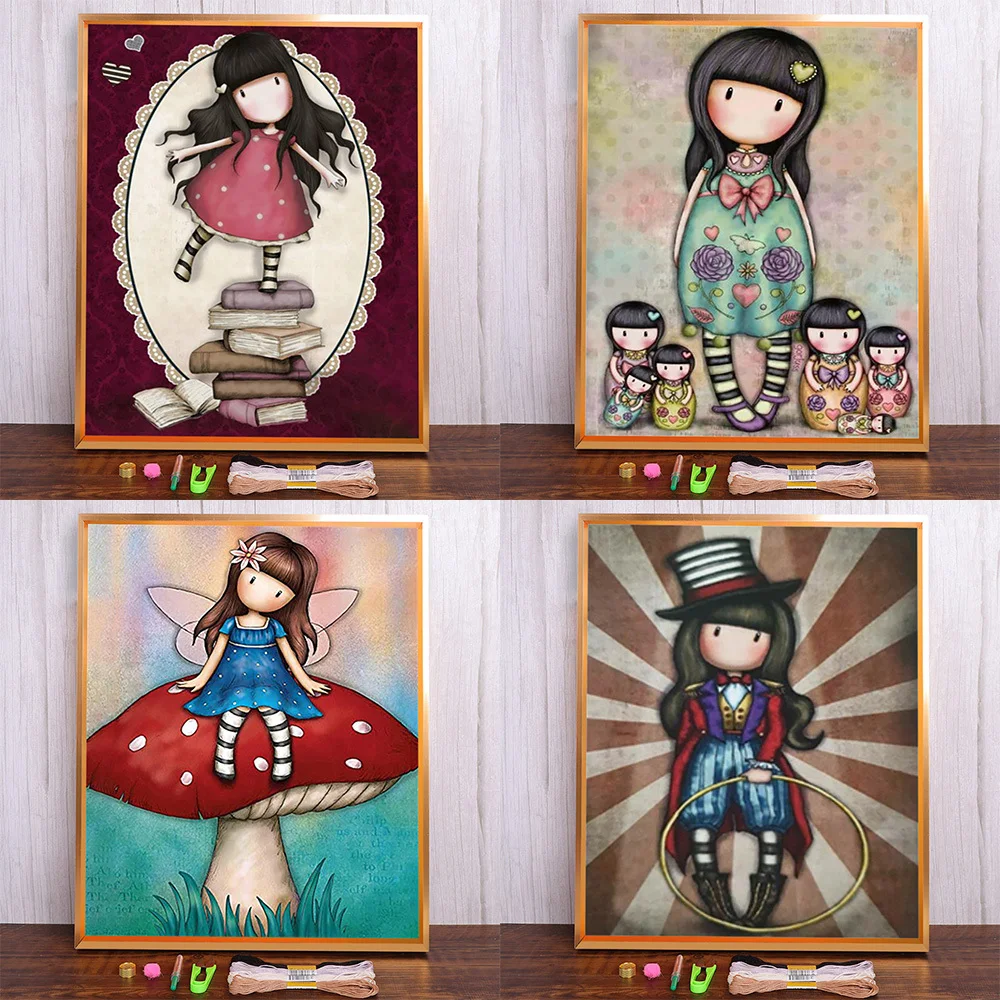Cartoon Girl Printed Cross Stitch Kit DIY Embroidery DMC Threads Hobby Handmade Handicraft Needlework Magic Package Promotions