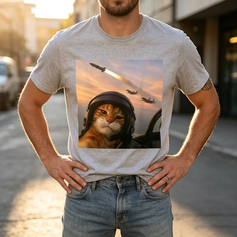 Funny Pilot Cat Tee Jet Fighter Background Print Men Women Cotton Short Sleeve Streetwear  Oversized T Shirt Y2k