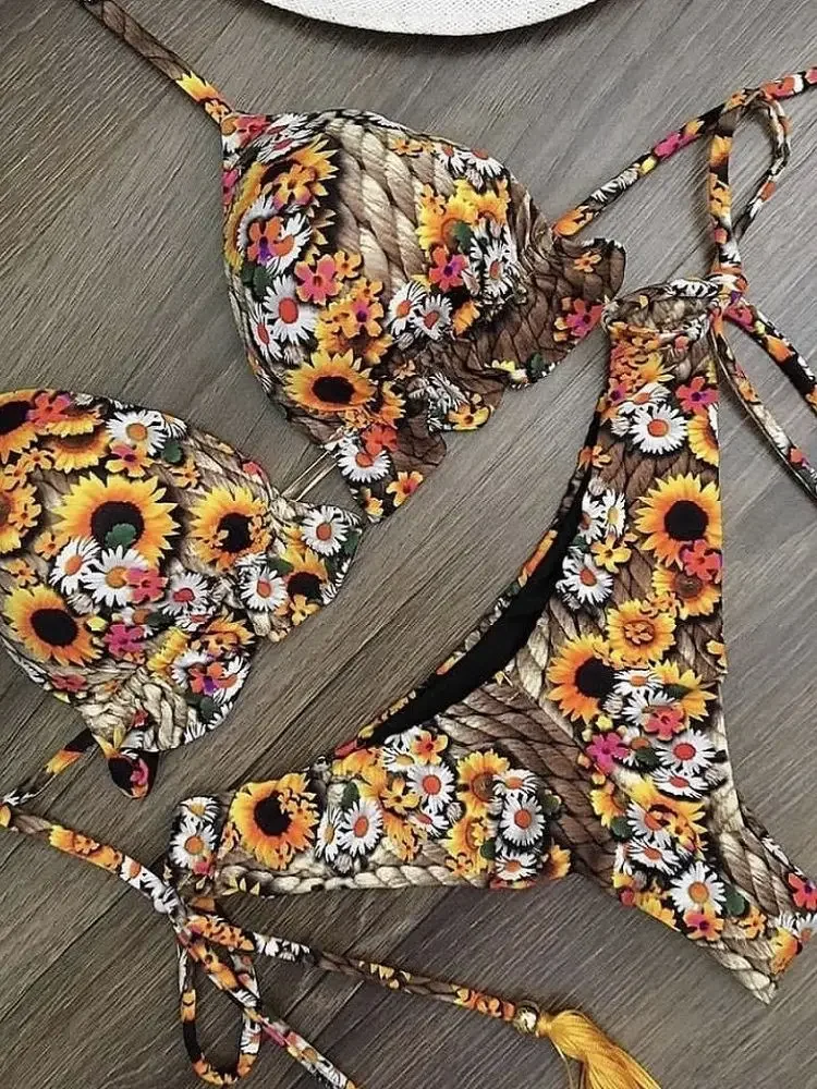 RUOTONGSEPT-Conjunto de microbikinis sexys para mujer, traje de baño Bandage con estampado de plumas, traje de baño femenino, bikinis brasileños 2024