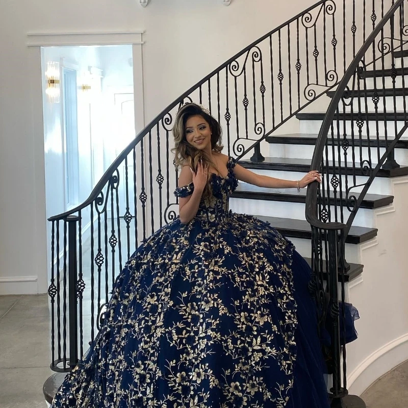 Lorencia Navy Blue Quinceanera Dress 2023 Ball Gown Gold Appliques Beading Sequins Sweet 15 16 Dress Vestido De 15 Anos YQD271