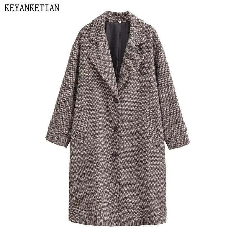 KEYANKETIAN 2024 Winter New Women's Herringbone wool coat Retro style Single Breasted Classic Thick Outerwear Long Greatcoat Top