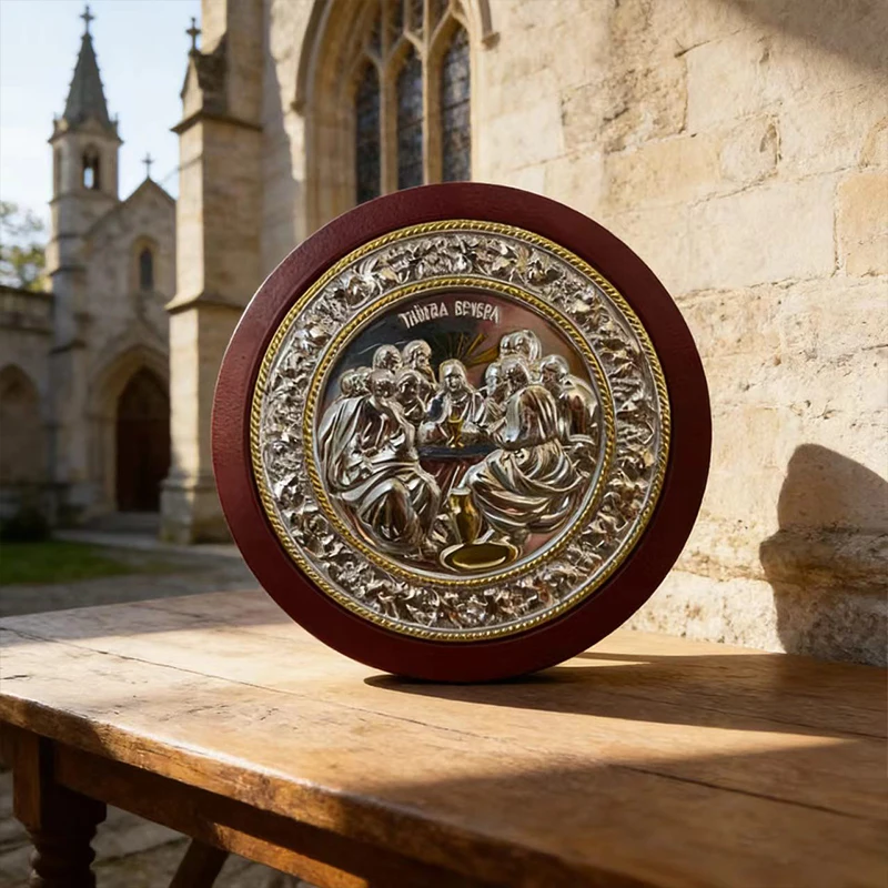 

Роскошная позолоченная серебряная икона «Тайная вечеря» с круглой деревянной рамкой для церковной литургии, домашнего алтаря, молитв и поклонения Христу