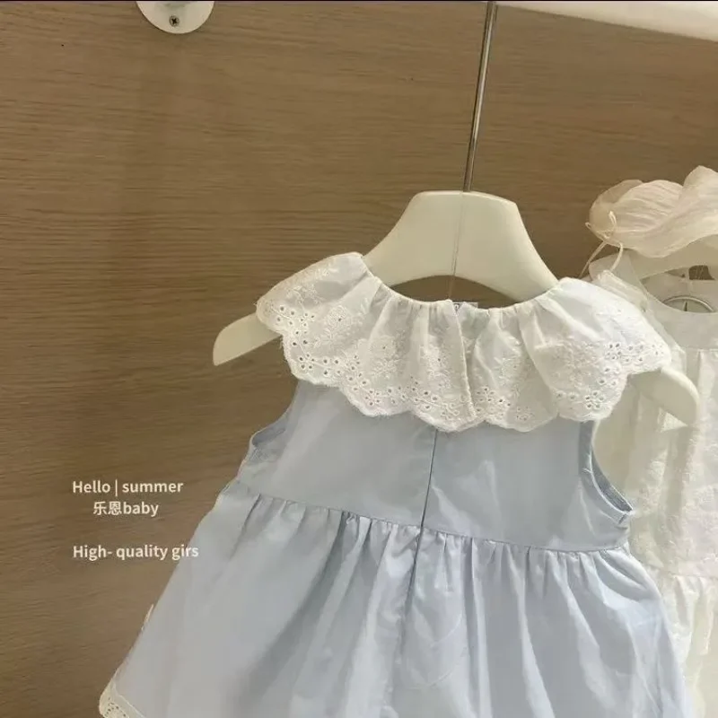 

Summer New Blue Ruffle Collar Princess Dress for Girls Baby Pure Cotton Fashionable Sleeveless Vest Dress Children's Doll Skirt