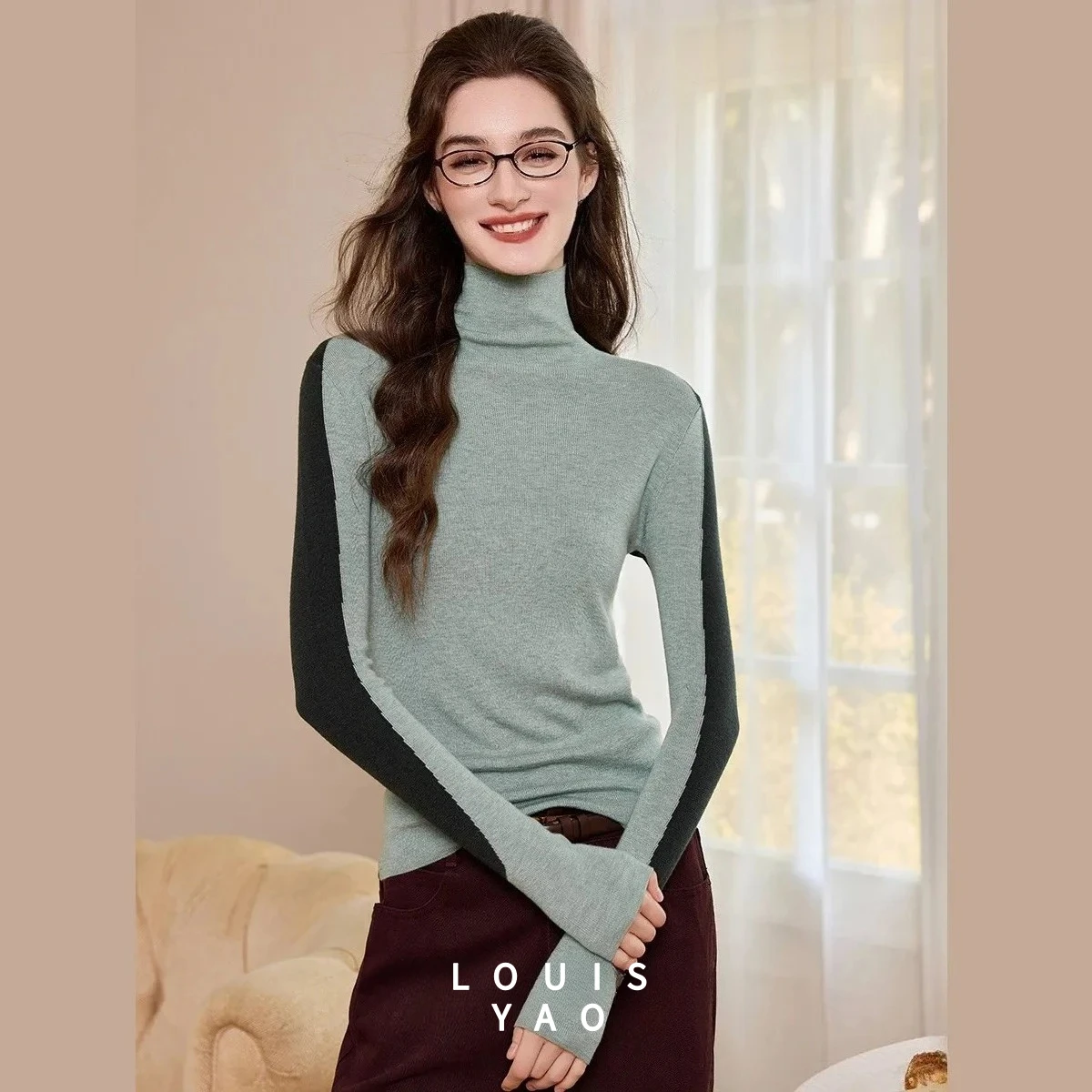 เสื้อไหมพรมคอเต่าสีตัดกัน LOUISYAO คอลเลคชั่นฤดูใบไม้ร่วง/ฤดูหนาว 2025 สำหรับสุภาพสตรี  งานถักคุณภาพสูง สไตล์ชิค