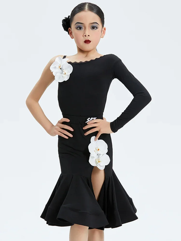 

Latin Dance Dress Girls Slant Shoulder One-Sleeve Black Competition Dress Ballroom Dance Performance Wear Flower Dress DNV17812