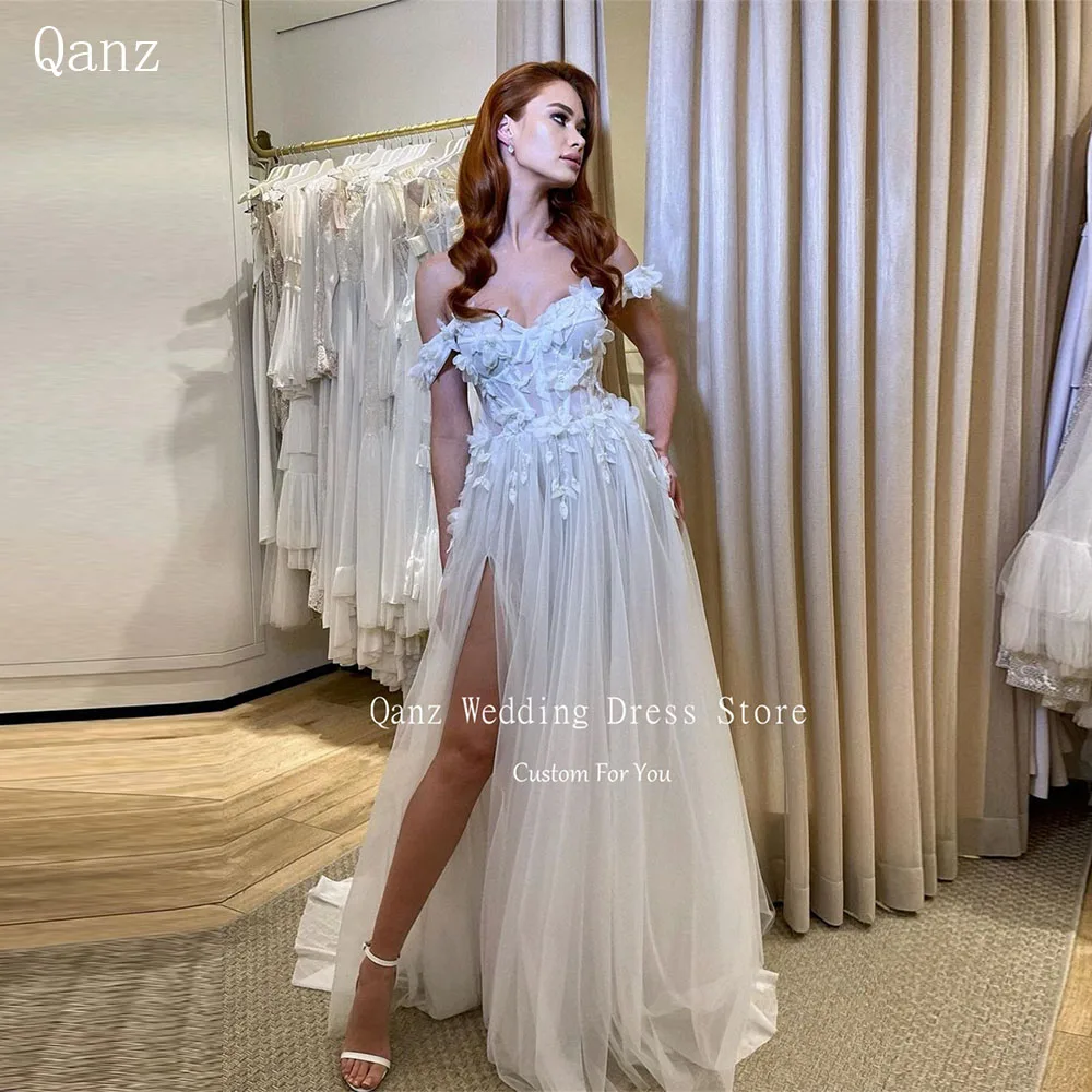 

Qanz Elegant Wedding Dress Off the Shoulder Appliques High Leg Slit Tulle Vestidos Novias Boda Corset Back Long Robes De Mariée