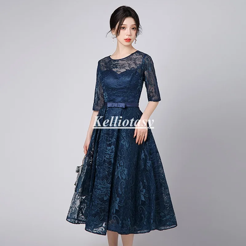 Lace Bridesmaid Dresses Plus Size Tea Length Half Sleeves Navy Blue Bridesmaid Dress For Wedding