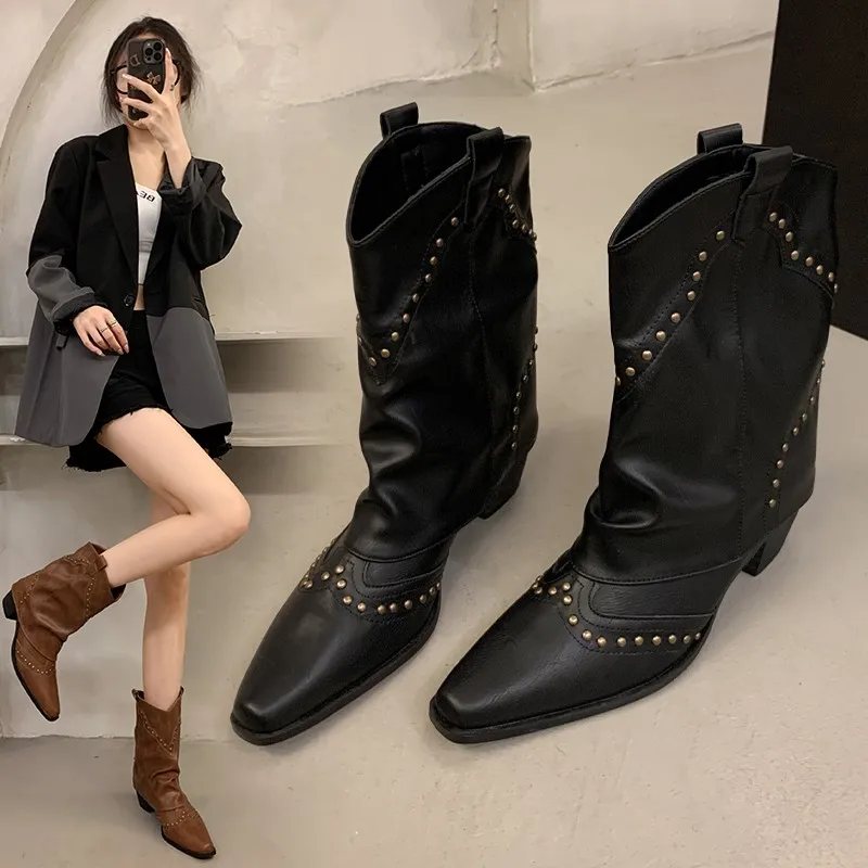 New Pointed Toe Chunky Heel Low Heel Knee Length Ladies Western Boots Folding Boots Rivet Decoration Retro Classic Women's Shoes