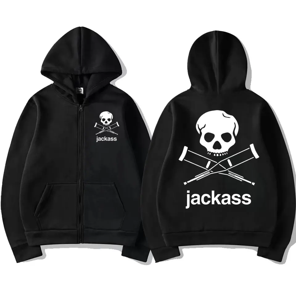 Jackass Logo Graphic Printed Black Zip Hoodie Classic Vintage