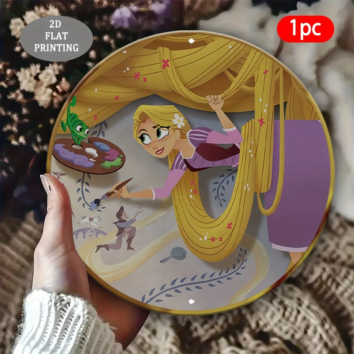 مسطح ثنائي الأبعاد، قطعة واحدة من ديكور الحائط المعدني المستدير بطابع رابونزيل وفلين رايدر - شعر رابونزيل، لوحة باسكال وماكسيموس القابلة للجمع #2