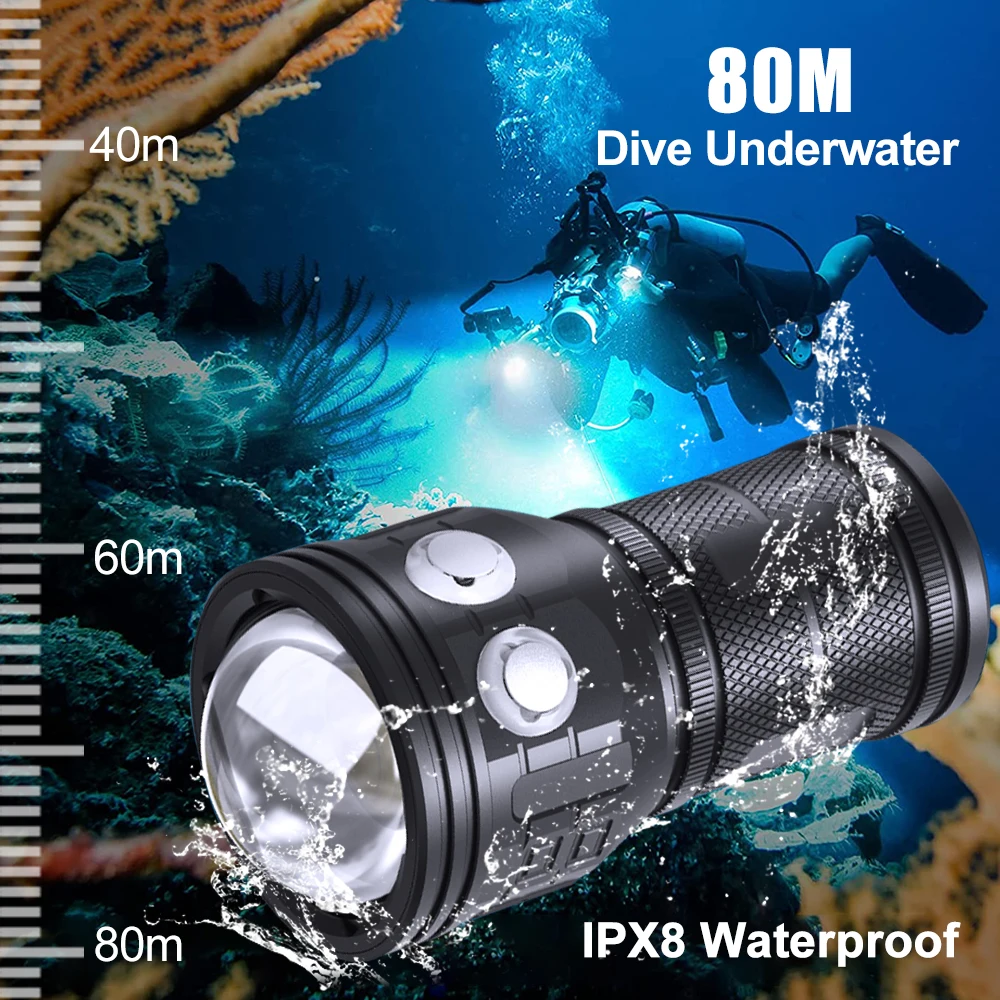 Super bright Diving Flashlight LED 3 color Underwater Fill Light Torch Rechargeable IPX-8 Waterproof Built in Battery Lantern