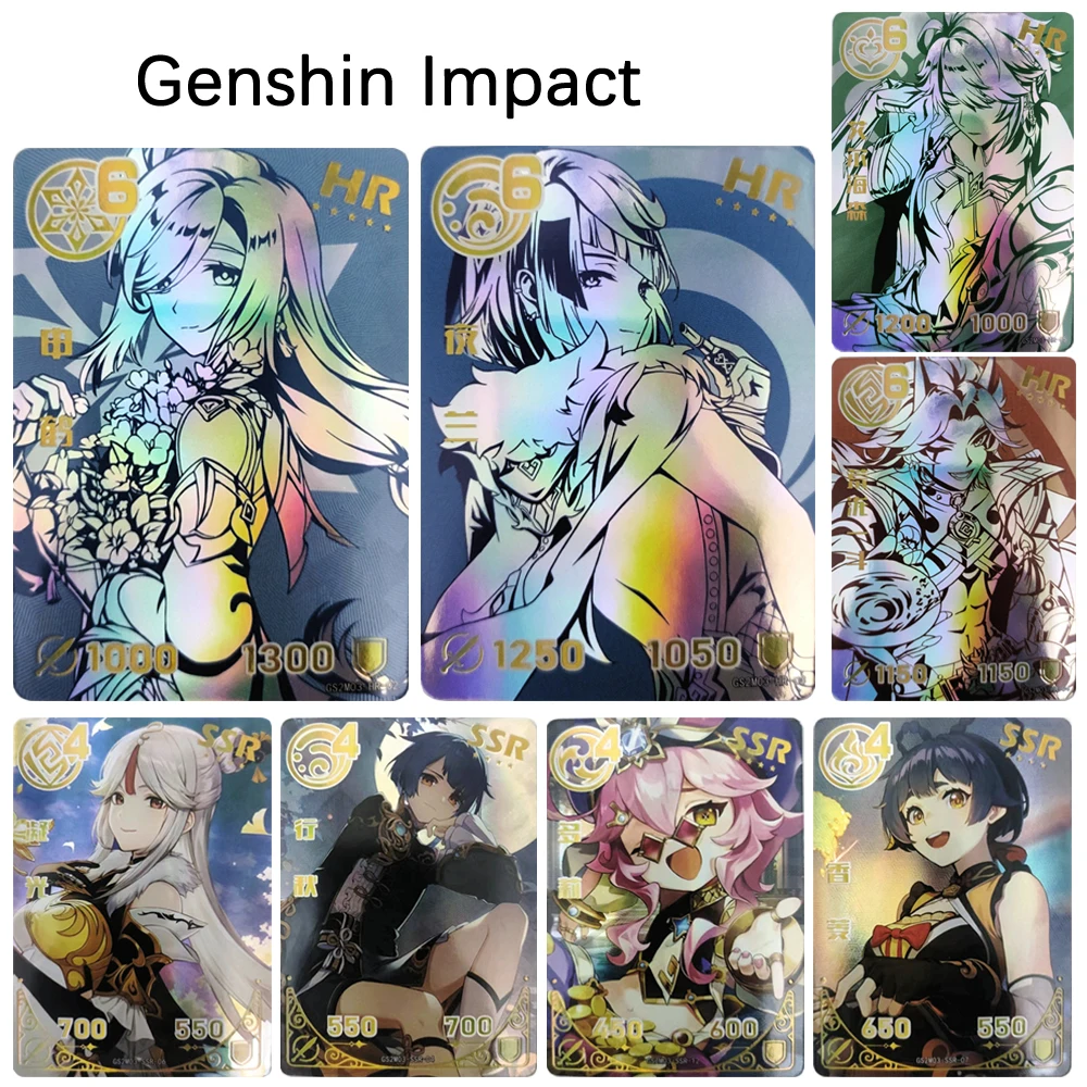 Genshin Impact HR SSR Klee Shenhe Yelan Kaeya Xingqiu Kuki Shinobu Sayu Alhaitham Foil Collection Card Colorful Holiday Gift