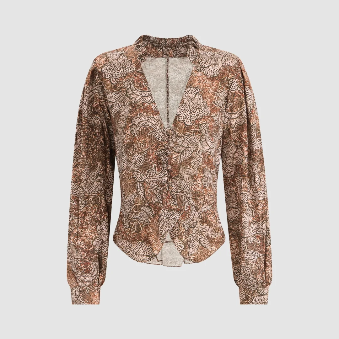 2026 Women's Printed Blouse & Skirt Two-Piece Set | Long Sleeve V-Neck Top & Wrap Mini Shorts