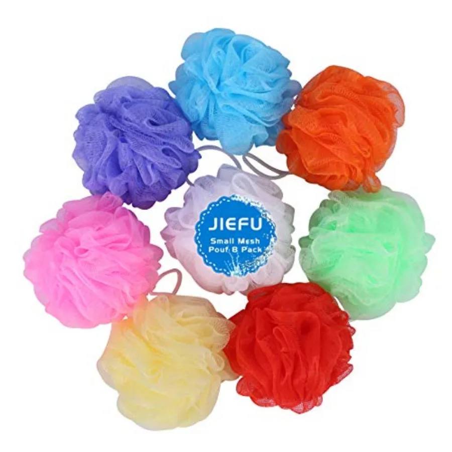 

Bath Sponges, Small Size Colorful Shower Sponges Exfoliating Mesh Pouf Bath Ball Body Scrubber for Travel Pack of 8