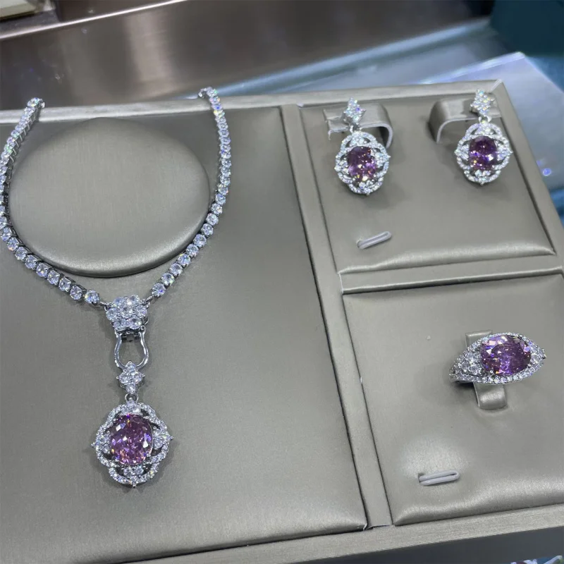Starry Sky Cut Dried Rose Three-Piece Full Diamond Luxurious Open Ring for Women Elegant Pendant Earrings Set