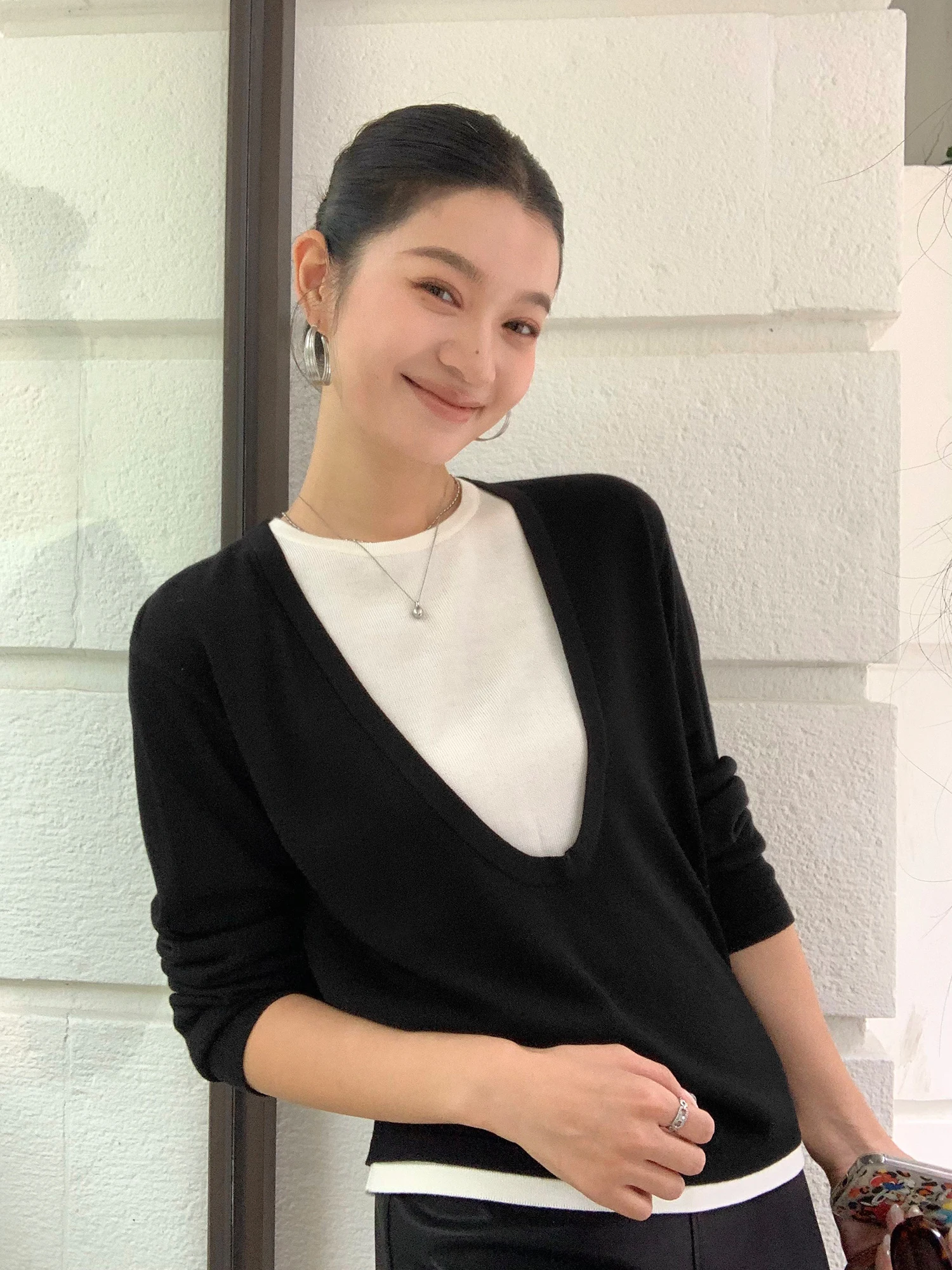 

Pusumede Visual Knitwear U-Ne Loose Long Sve Women's Design Sense Top Quali Acrylic Wool Lyocell Blend Casual irt