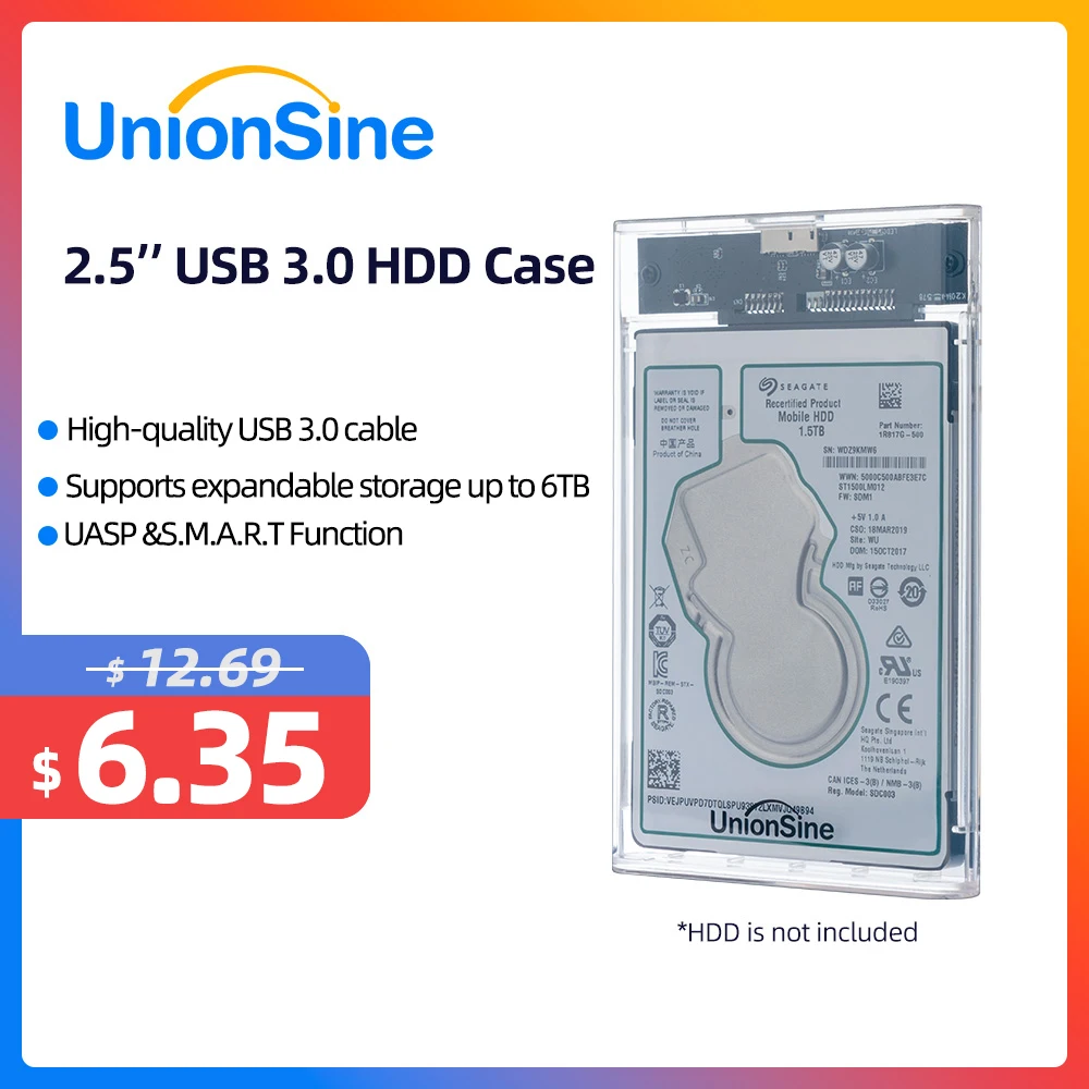 UnionSine USB 3.0 External Hard Drive Enclosure SATA to USB3.0 UASP & TRIM Hard Drive Case 6TB HDD Tool-Free Transparent