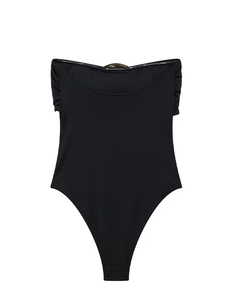 Damski kombinezon na lato 2024 z kokardą i plisami, seksowny strój kąpielowy bez pleców, brązowo-czarny, marszczony, na imprezę, w stylu plażowym.