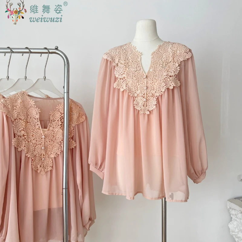 

Luxury V-Neck Women's Long Sleeved Chiffon Blouse Patchwork Lace Top Loose Shirt Elegant Office Lady Autumn New Blouse Clothes