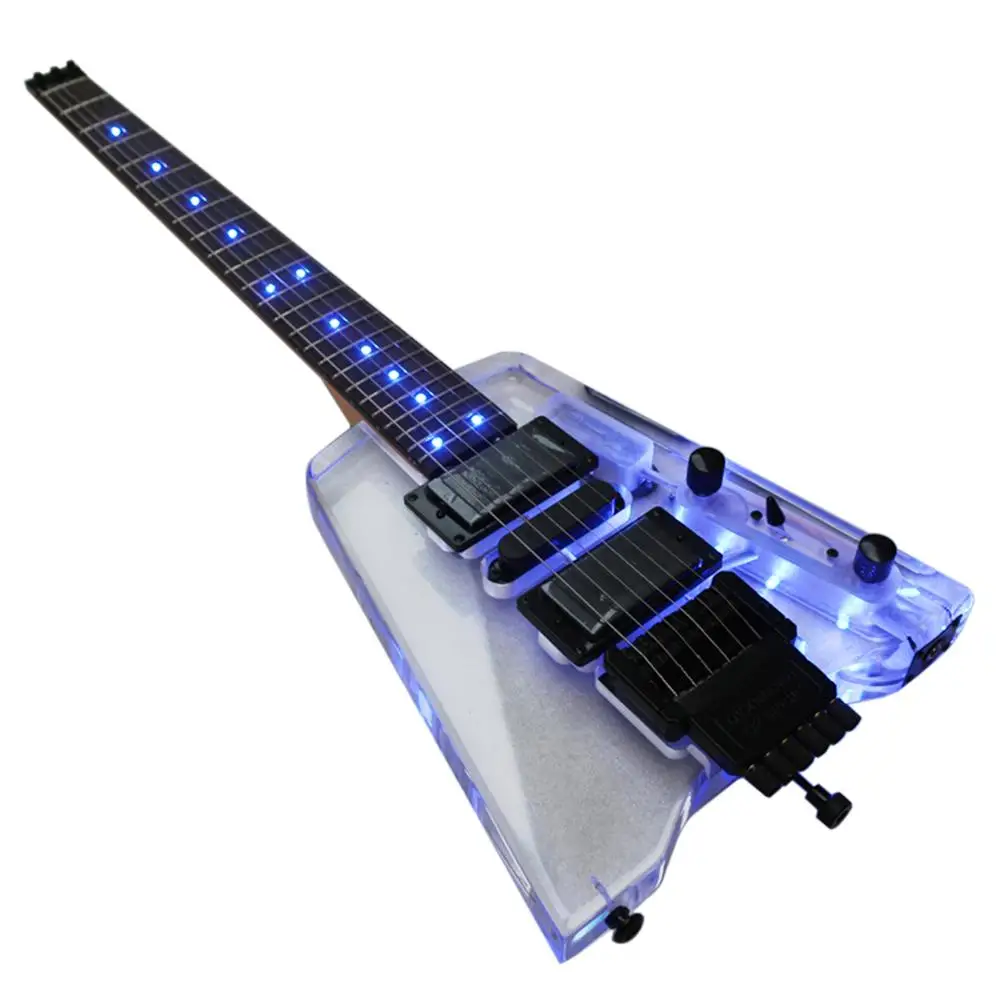 Headless portable travel acrylic mini electric guitar with blue LED light electricas guitare guiter guitarra gitar guitars