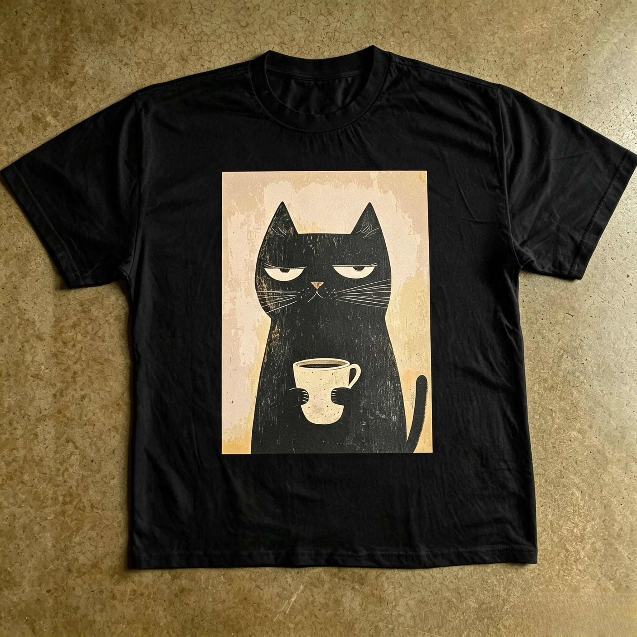 Black Cat with Coffee Cup Graphic T-shirt Men Women Vintage Cat Art Print Short Sleeve Casual Streetwear Tops