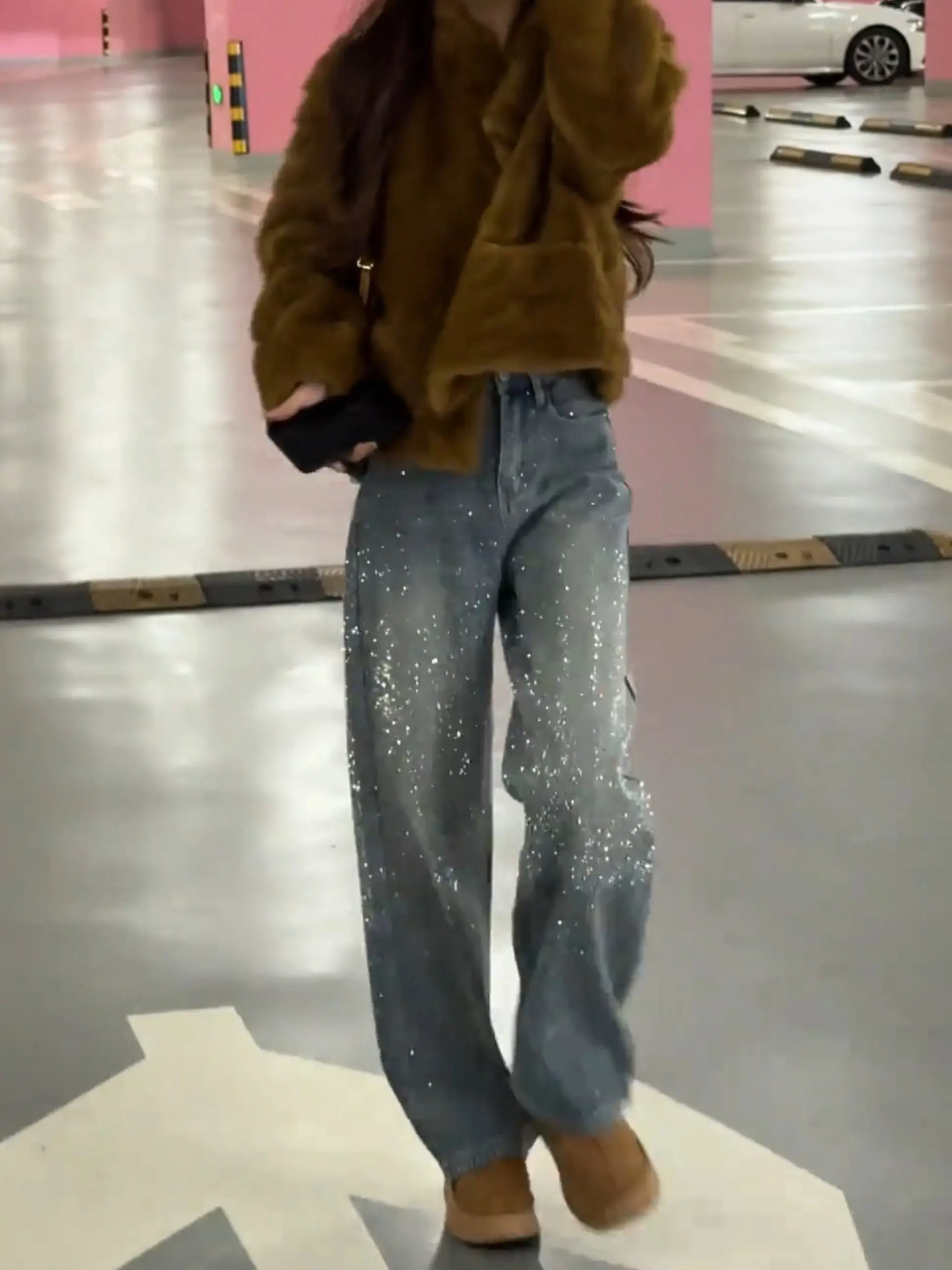 

High Waist Straight Leg Denim Jeans Women's Spring 2026 New Retro Street Design Sensation Rhinestone Wide Leg Pants Fleece