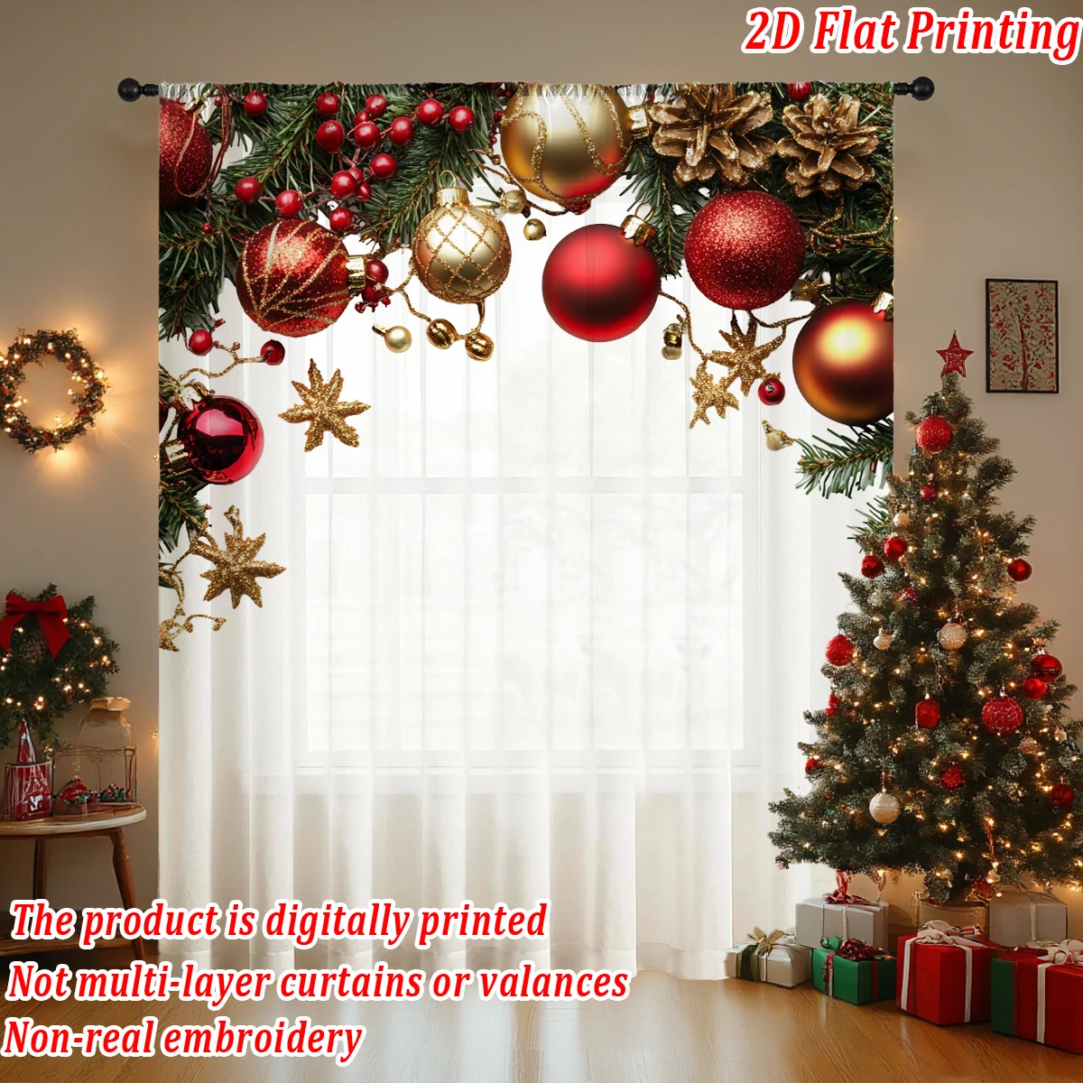 Christmas Flat Printing Sheer Curtain with Christmas Ball Pinecone Ornament Berry for Living Room Bedroom Decor Holiday Party