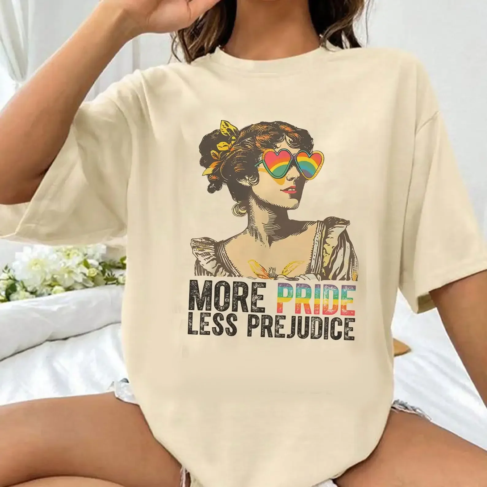 More Pride Less Prejudice Print Women Round Neck Shirt Pattern Printing Summer Women's T-Shirt Short Sleeve