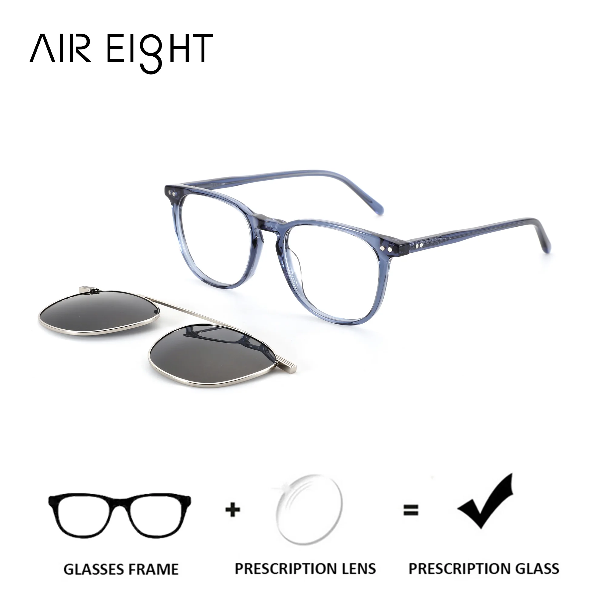 AIREIGHT Acetate Square Magnetic Clip On Prescription Glasses with Myopia Lenses For Men Photochromic Bifocal Reading Glasses