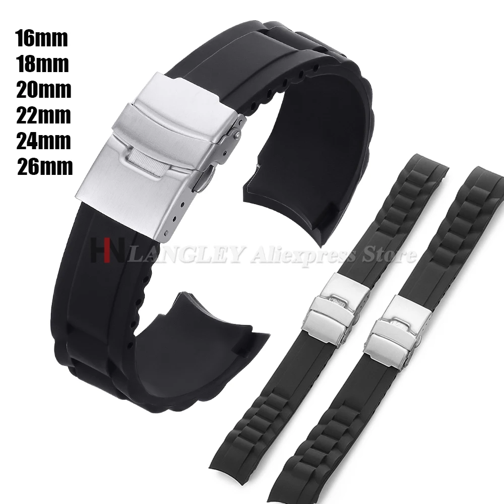 Silikon-Uhrenarmband, 16 mm, 18 mm, 20 mm, 22 mm, 24 mm, 26 mm, gebogenes Ende, Gummiarmband, wasserdichte Faltschließe für Herren und Damen