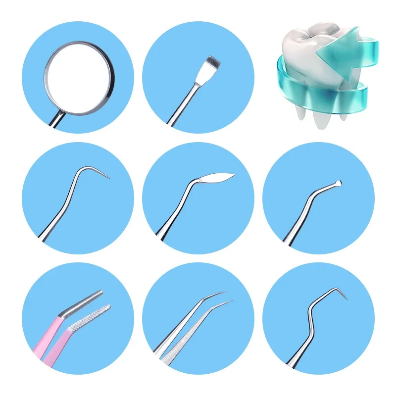 Kit de limpieza de herramientas bucales de dentista, pinzas de espejo de boca rosa, doble sonda, hoz, escalador, instrumento de dentistería, 8 Uds.