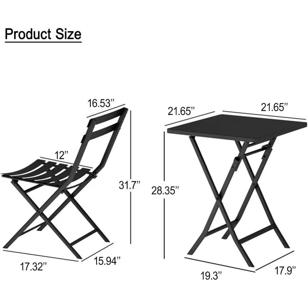 Metal Patio Bistro Set, 1 mesa quadrada e 2 cadeiras, moderno, dobrável, exterior, mobiliário de interior para jardim, quintal, varanda, 3 pcs