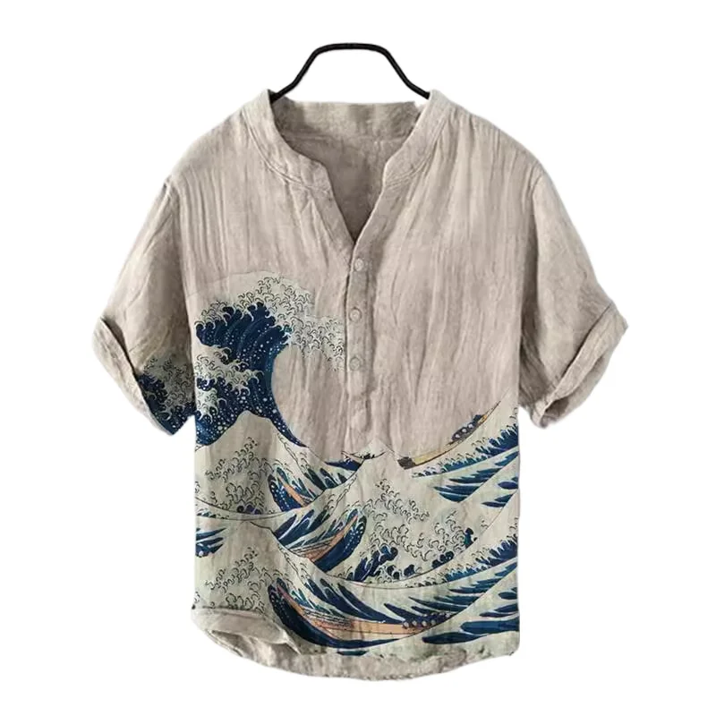 

2024 Summer Men's Women's Breathable Shirts Independent Station Casual Fish Pattern Hawaiian Style Linen Shirt Barber Men's Tops