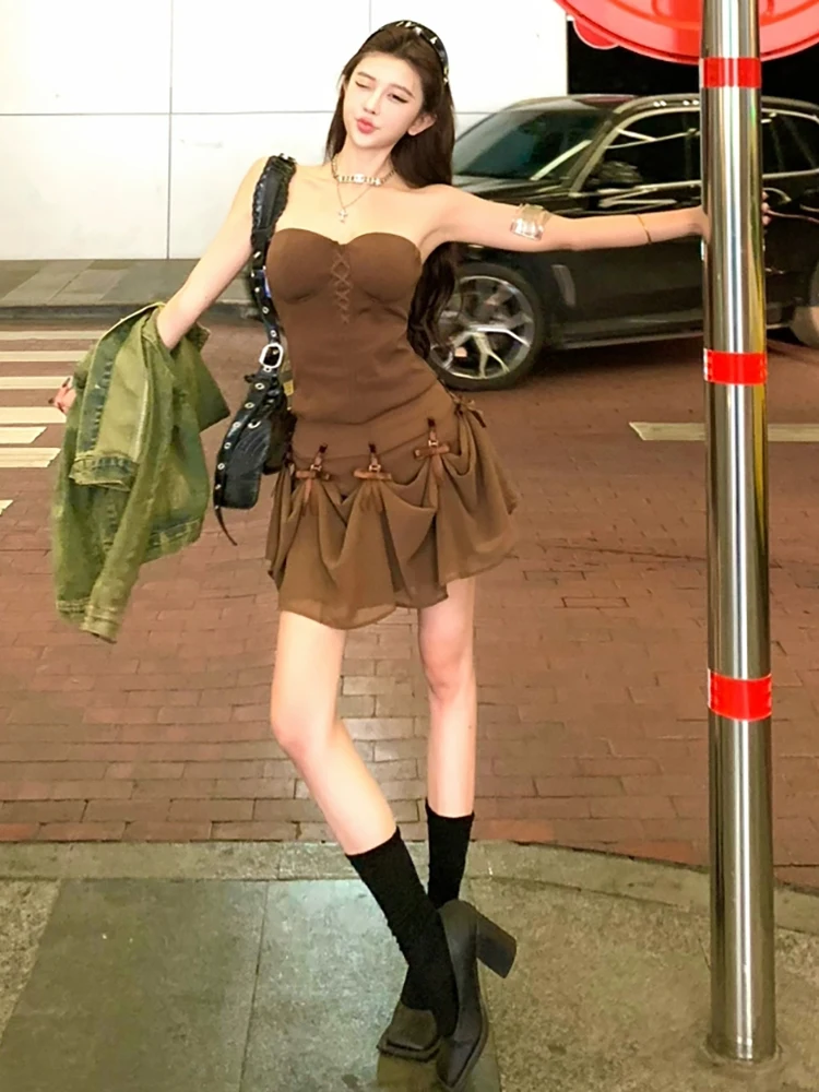 RORORIRI Desire-Top con corsé para mujer, falda de gasa, conjunto sin espalda, liso, ajustado, sin mangas, chaleco con lazo empalmado, falda plegable, ropa Retro
