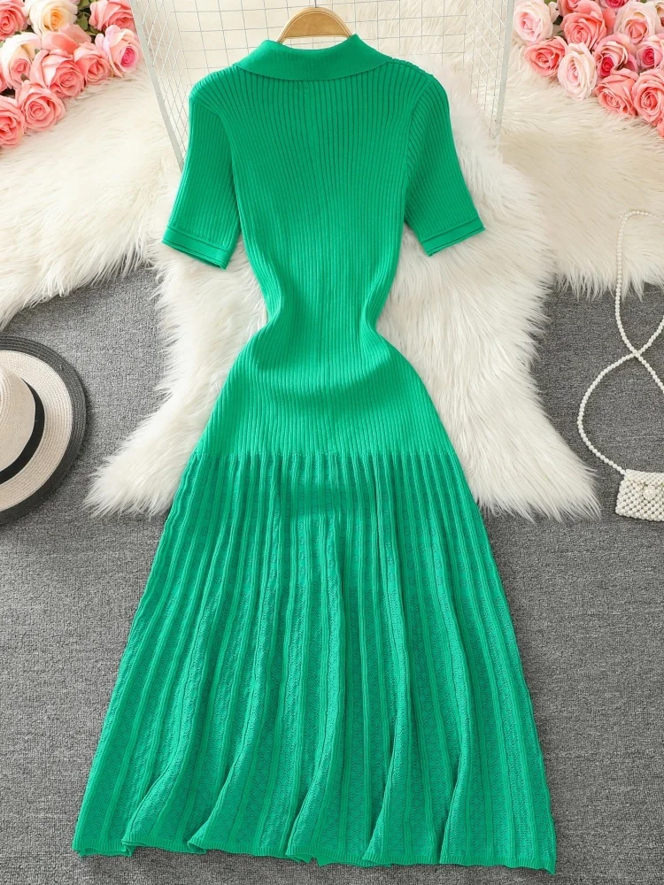 New Summer French Style Women Knitted Dress Short Sleeve Single-breasted Polo Neck Ladies Fashion Maxi Solid Dresses Vestidos