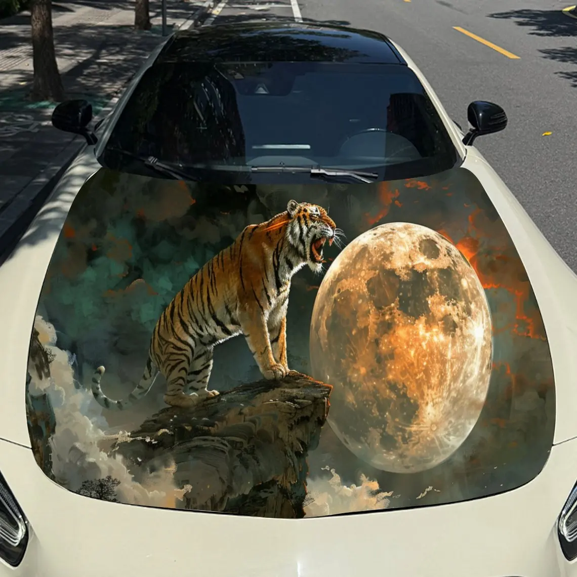 Night Tiger Moon Car Hood Sticker PVC Self Waterproof Stick, Striking Auto Exterior Accessories Decor Protect Gift for Car Lover