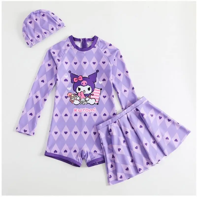ملابس سباحة للفتيات من Sanrios ملابس سباحة عصرية كورومي كارتونية للأطفال بأكمام طويلة ملابس سباحة مسطحة للعطلات الصيفية مريحة عالية الجودة