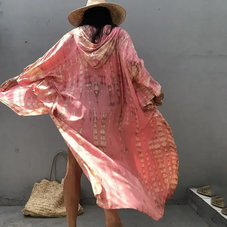 TEELYNN nadrukowana bluza z kapturem szlafrok Kimono kobiet Vestidos 2024 luźne, swobodne seksowne Bikini zakrywają letnie zakrywające plażowe sukienki w stylu Boho