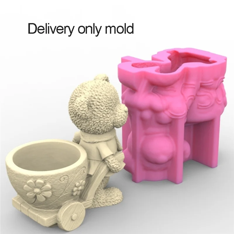 AED2-منظم حامل فرشاة الماكياج على شكل زهرة فنية رائعة وقالب وعاء زارع تمثال الدب - حديقة السيليكون وديكور المنزل